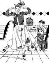 Load image into Gallery viewer, Black and white pen and ink drawing by artist Gretchen Shields.  A woman and girl at a diner, the woman on the left is hopping and the girl is sitting down. Both of them are wearing #256 AT The Hop Skirt, Blouse and Sweater.

