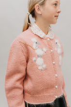 Load image into Gallery viewer, close up of young blonde girl wearing the At The Hop sweater with poodle and alpine applique design.
