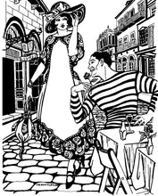 Load image into Gallery viewer, Pen and Ink drawing by artist Gretchen Shields.  A woman walking on a cobbled street surrounded by buildings on wither side, wearing the #261 Paris Promenade Dress, a hat and holding the draw-string bag in her hand, there is a man on right sitting by a table with a glass of wine holding a flower to his face to give to her.
