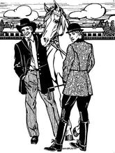 Load image into Gallery viewer, Black and white pen and ink drawing by artist Gretchen Shields.  Four women and a man dance wearing Greek and Polish Vests. Man and woman on either side of a horse wearing the #263 Countryside Frock Coat.
