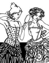 Load image into Gallery viewer, Black and white pen and ink drawing by artist Gretchen Shields.  Two women wearing the #267 Lady's Corset,, woman on the right is looking in a hand held mirror, woman on the right is tying her corset
