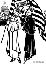 Load image into Gallery viewer, Black and white pen and ink drawing by artist Gretchen Shields. Two women both wearing the #268 Metropolitan Suit and hats. Woman on the left is facing front holding an American flag. The woman on the right, her back is turned holding  We demand the vote sign.
