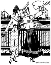 Load image into Gallery viewer, Black and white pen and ink drawing by artist Gretchen Shields.  Two women waving to a boat wearing the Metro Middy Blouse, a hat and long skirts.
