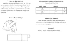Load image into Gallery viewer, back of pattern envelope with description, line drawings, fabric suggestions, and sizing chart
