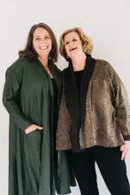 Load image into Gallery viewer, Two women  smiling standing next to each other wearing the 254 Swing Coat one long and the other hip length.

