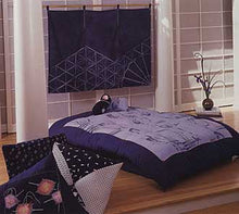 Load image into Gallery viewer, Picture of a Japanese Interior , with a futon and blue futon covers with a top quilt,  with blue floor cushions. Decorative blue curtain on the back wall
