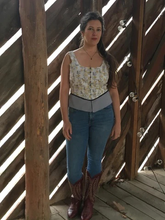Load image into Gallery viewer, Woman standing in barn wearing jeans and boots and  floral patterned Corset top pattern for cottagecore bohemian look sleeveless vest top pattern for women
