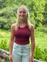 Load image into Gallery viewer, Woman standing outside wearing a red tankini and jeans
