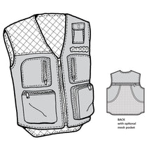 Load image into Gallery viewer, Line drawing of a hunters vest with multiple pockets and a mesh pattern on the back. With the back view shown with mesh pocket

