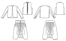 Load image into Gallery viewer, Line drawings of components of Algerian Suit: a jacket, vest, and skirt on a white background
