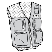 Load image into Gallery viewer, Line drawing of a hunters vest with multiple pockets and a mesh pattern on the back.
