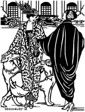 Load image into Gallery viewer, Black and white pen and ink drawing by artist Gretchen Shields.  Two women conversing wearing the Poiret Cocoon Coat one is facing front the other back, the woman on the left is walking two dogs
