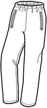 Load image into Gallery viewer, drawing of elastic waist pants with zippered front pockets.
