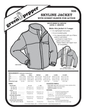 Load image into Gallery viewer, Skyline jacket pattern cover with measurements and fabric suggestions on a white background

