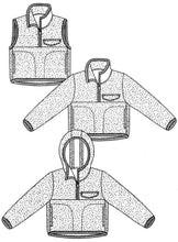 Load image into Gallery viewer, Technical drawing of a jacket, vest, and hoodies with a textured pattern.
