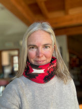 Load image into Gallery viewer, woman wearing a red, black, and white fleece neckwarmer with a grey sweater
