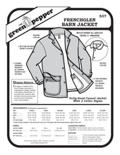 Load image into Gallery viewer, black and white over of frenchglen barn jacket with description of notions and fabrics and sizes.
