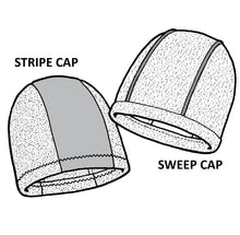 Load image into Gallery viewer, line drawings of two fleece caps with names - stripe and sweep
