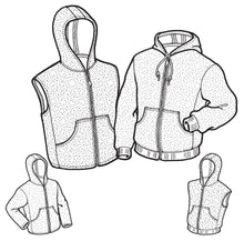 Load image into Gallery viewer, Line drawings of various hoodies and vests on a white background
