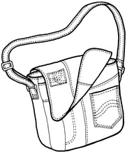 Load image into Gallery viewer, drawing of the courier bag made with upcycled denim jeans
