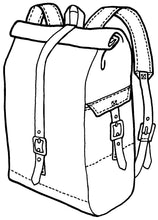 Load image into Gallery viewer, Pen and ink drawing of rustic replica rucksack with leather straps

