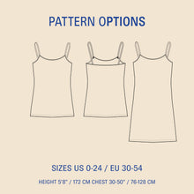 Load image into Gallery viewer, Pattern options for a tank top with size and height specifications on a beige background
