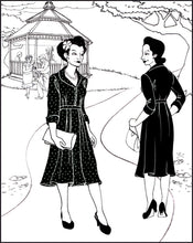 Load image into Gallery viewer, Black and white pen and ink drawing by Gretchen Shields. Two women walking past each other in a park wearing the 247 Lindy Shirtdress and heels.
