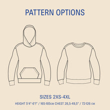 Load image into Gallery viewer, Outline of a hoodie and a sweatshirt with pattern options and size information on a beige background.
