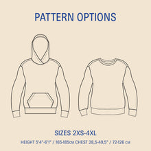 Load image into Gallery viewer, Outline of a hoodie and a sweatshirt with pattern options and size information on a beige background.
