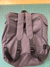 Load image into Gallery viewer, Gray back pack with strap side up on a grid background
