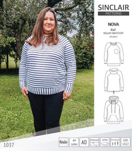 Load image into Gallery viewer, PDF sewing pattern Raglan sweatshirt sweater hoodie for women with kangaroo pocket, hood, cowl and drawstrings
