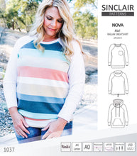 Load image into Gallery viewer, PDF sewing pattern Raglan sweatshirt sweater hoodie for women with kangaroo pocket, hood, cowl and drawstrings

