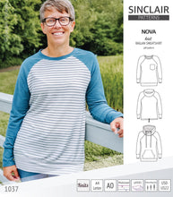 Load image into Gallery viewer, PDF sewing pattern Raglan sweatshirt sweater hoodie for women with kangaroo pocket, hood, cowl and drawstrings
