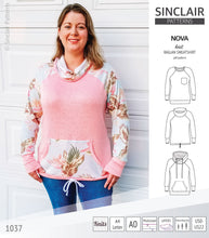 Load image into Gallery viewer, PDF sewing pattern Raglan sweatshirt sweater hoodie for women with kangaroo pocket, hood, cowl and drawstrings
