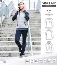 Load image into Gallery viewer, PDF sewing pattern Raglan sweatshirt sweater hoodie for women with kangaroo pocket, hood, cowl and drawstrings
