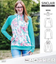 Load image into Gallery viewer, PDF sewing pattern Raglan sweatshirt sweater hoodie for women with kangaroo pocket, hood, cowl and drawstrings
