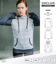 Load image into Gallery viewer, PDF sewing pattern Raglan sweatshirt sweater hoodie for women with kangaroo pocket, hood, cowl and drawstrings
