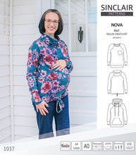 Load image into Gallery viewer, PDF sewing pattern Raglan sweatshirt sweater hoodie for women with kangaroo pocket, hood, cowl and drawstrings
