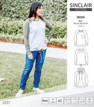 Load image into Gallery viewer, PDF sewing pattern Raglan sweatshirt sweater hoodie for women with kangaroo pocket, hood, cowl and drawstrings
