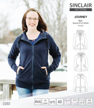 Load image into Gallery viewer, Sinclair Patterns S1080 Journey zip up zippered knit raglan hoodie for women with kangaroo, zippered or cargo pockets pdf sewing pattern
