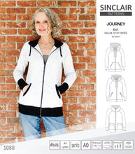 Load image into Gallery viewer, Sinclair Patterns S1080 Journey zip up zippered knit raglan hoodie for women with kangaroo, zippered or cargo pockets pdf sewing pattern
