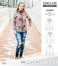 Load image into Gallery viewer, Sinclair Patterns S1080 Journey zip up zippered knit raglan hoodie for women with kangaroo, zippered or cargo pockets pdf sewing pattern
