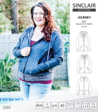 Load image into Gallery viewer, Sinclair Patterns S1080 Journey zip up zippered knit raglan hoodie for women with kangaroo, zippered or cargo pockets pdf sewing pattern
