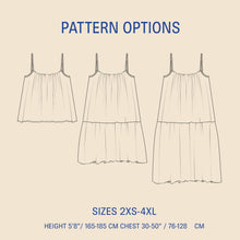 Load image into Gallery viewer, Outline of a dress with pattern options and size information on a beige background
