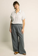 Load image into Gallery viewer, Woman wearing a striped shirt and gray wide-leg pants on a plain background
