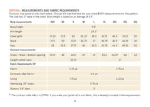 Load image into Gallery viewer, Measurement chart for fabric requirements with body and garment measurements.
