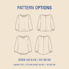 Load image into Gallery viewer, Sewing pattern diagram of a blouse with front, back, and side views on a beige background.

