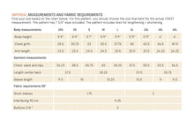 Load image into Gallery viewer, Measurement chart for clothing with body and garment dimensions on a white background
