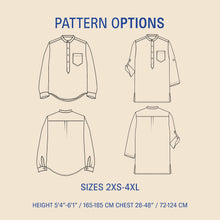 Load image into Gallery viewer, Pattern options for a shirt with size and height specifications on a beige background
