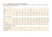 Load image into Gallery viewer, Measurement chart for dress sizes with imperial measurements and fabric requirements.
